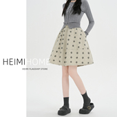 杏色复古花朵印花花苞裙女秋冬加厚a字蓬蓬中裙小个子毛呢半身裙