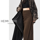 复古咖色不规则开叉半身裙女秋冬灯芯绒中长裙高级A字褶皱包臀裙