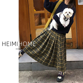 绿卡其毛呢百褶裙女秋冬季 学院风复古格纹裙小个子复古格子半身裙