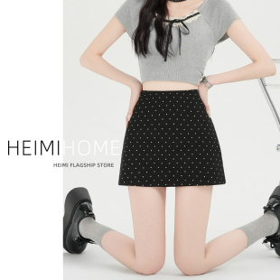 黑色miu系包臀短裙子女夏薄款 气质高腰波点半身裙小个子百搭A字裙