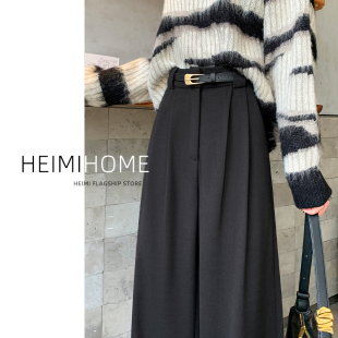 直筒裤 拖地休闲窄版 子女2024秋冬高腰宽松小个子阔腿毛呢裤 黑色裤