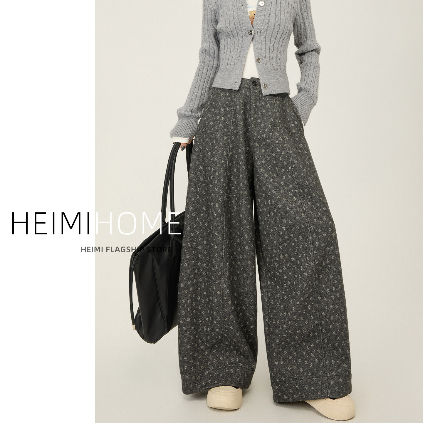 灰色松弛感阔腿裤女秋冬季高腰宽松弯刀毛呢长裤慵懒碎花休闲裤潮,女装/女士精品,休闲裤,淘宝优惠券,粉丝福利购,淘宝优惠卷