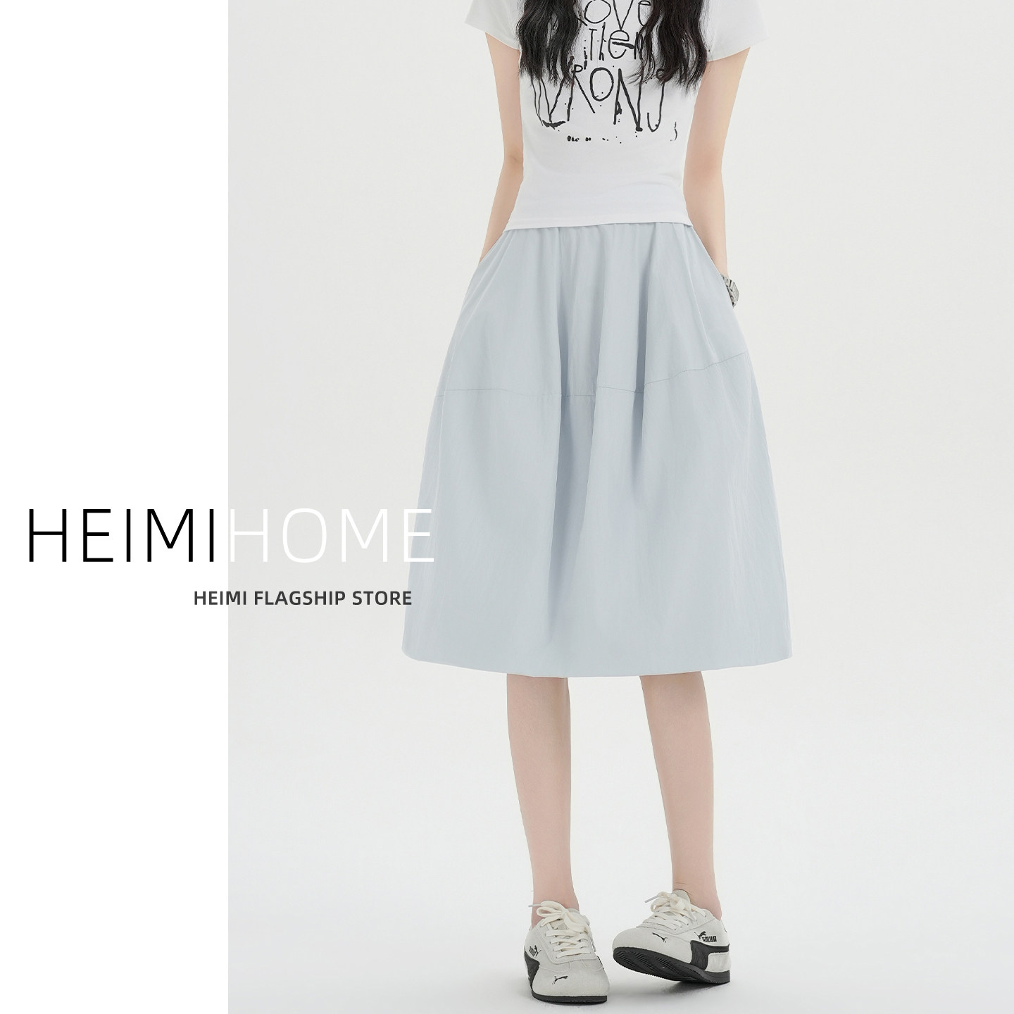 蓝色花苞半身裙女2026夏季高腰宽松A字蓬蓬裙小个子五分休闲中裙