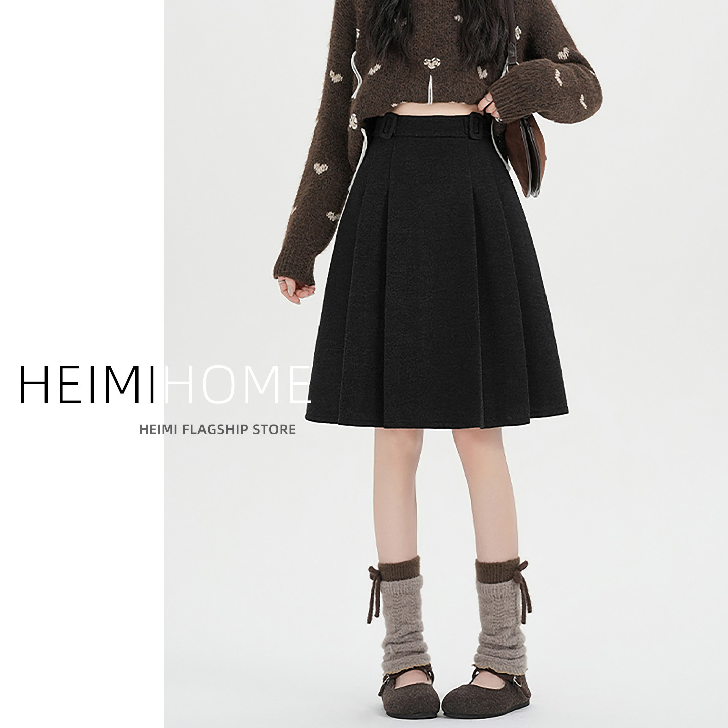 黑色学院风毛呢中裙女秋冬高腰压褶半身裙百搭休闲A字气质五分裙,女装/女士精品,半身裙,淘宝优惠券,粉丝福利购,淘宝优惠卷