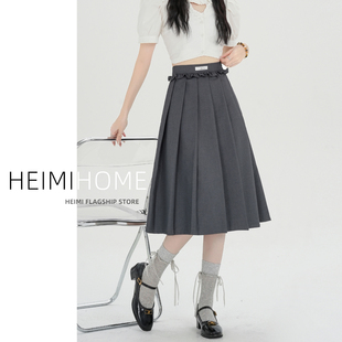 灰色木耳边百褶裙女夏季复古A字半身裙小个子学院风西装格子裙潮