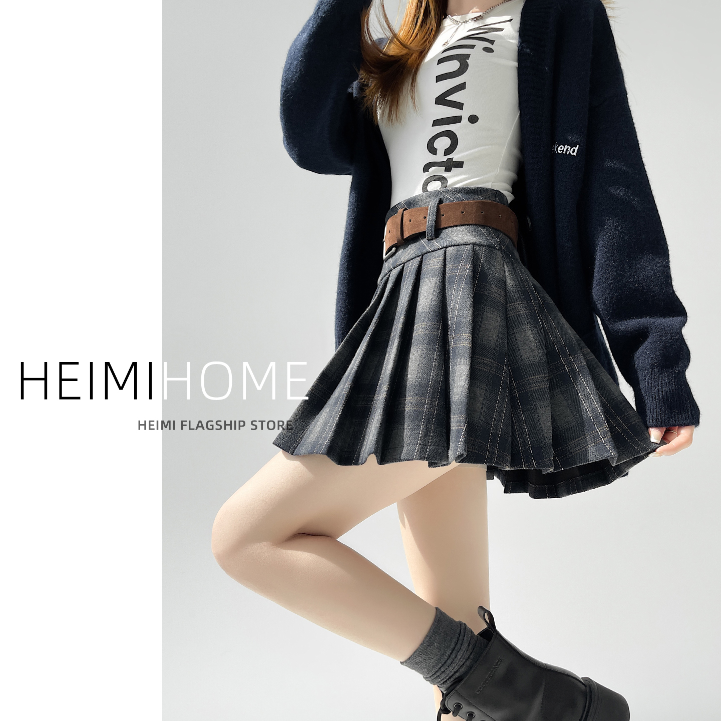 秋冬加厚学院风复古格纹百褶短裙