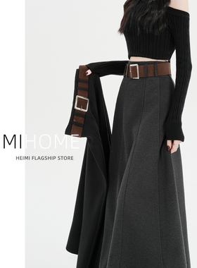 灰色拼接毛呢半身裙女秋冬高腰梨形身材大摆裙摆复古长款a字伞裙