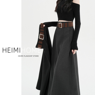 灰色拼接毛呢半身裙女秋冬高腰梨形身材大摆裙摆复古长款 a字伞裙