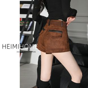 小个子高腰美拉德休闲裤 复古外穿靴裤 女秋冬季 咖色拼接鹿皮绒短裤