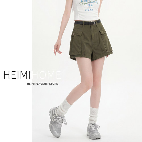 夏季口袋纽扣做旧工装短裤女