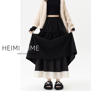 黑色木耳边半身裙女秋冬季松紧腰A字毛呢长裙蕾丝花边大摆伞裙子
