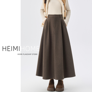 咖色赫本风半身长裙女2025秋冬季 加厚a字百褶裙 高腰毛呢裙中长款