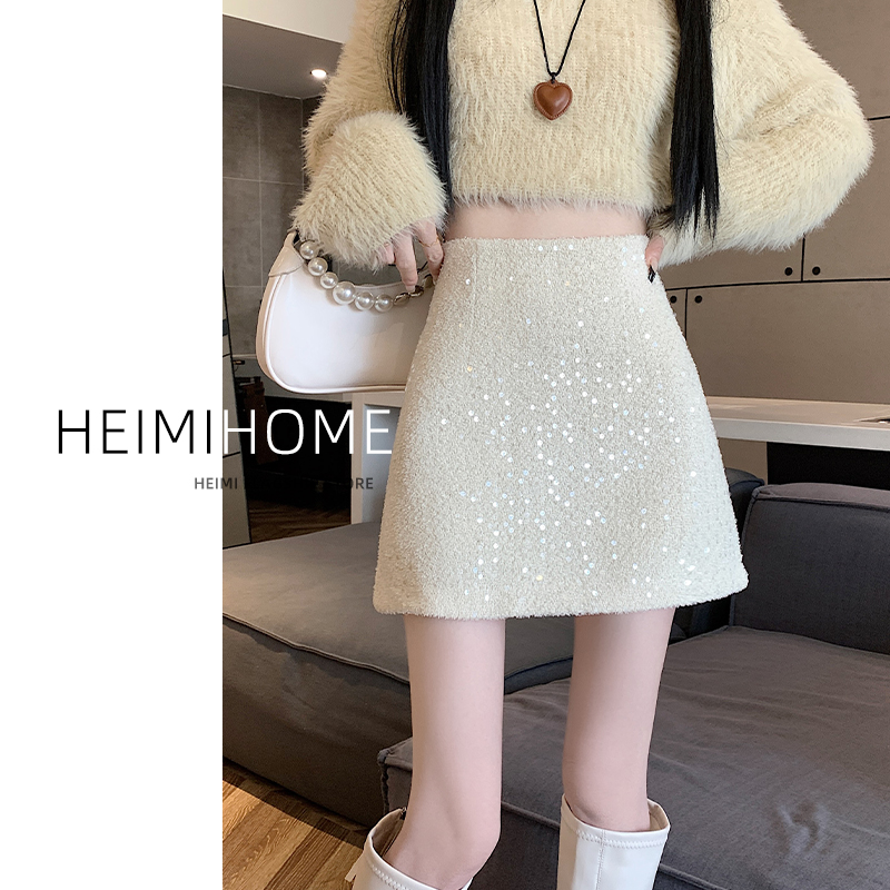 毛呢包臀短裙白色亮片半身裙女