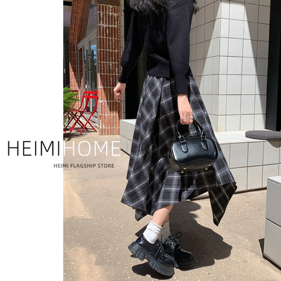 春秋冬季不规则格子半身裙