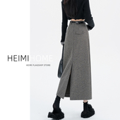 灰色后开叉半身裙女秋冬高腰a字包臀裙遮胯显瘦中长款 毛呢长裙潮