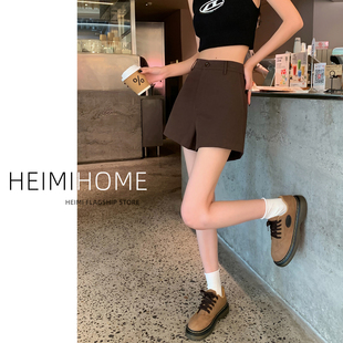 小个子a字显瘦直筒裤 女春夏秋高腰外穿阔腿热裤 休闲短裤 棕色美式