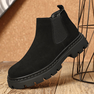 切尔西靴男士马丁靴秋冬季新款加绒保暖翻毛皮靴子中帮男靴子男款