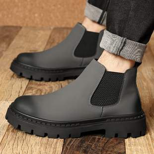 秋冬新款男士切尔西马丁靴男款低帮皮靴子潮流厚底增高真皮短靴子