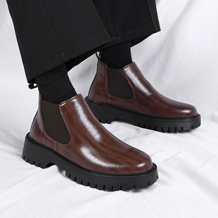 2025秋季马丁靴男款英伦风中帮冬季加绒烟筒靴一脚蹬厚底切尔西靴