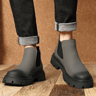 秋冬季新款切尔西靴加绒保暖一脚蹬烟筒靴厚底马丁靴低帮靴子男款