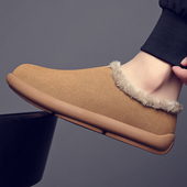 加绒保暖乐福鞋 2025冬季 休闲男鞋 防滑半拖鞋 新款 软底平底加厚棉鞋