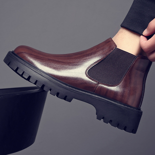 马丁靴男款英伦风中帮冬季加绒烟筒靴一脚蹬厚底增高圆头切尔西靴