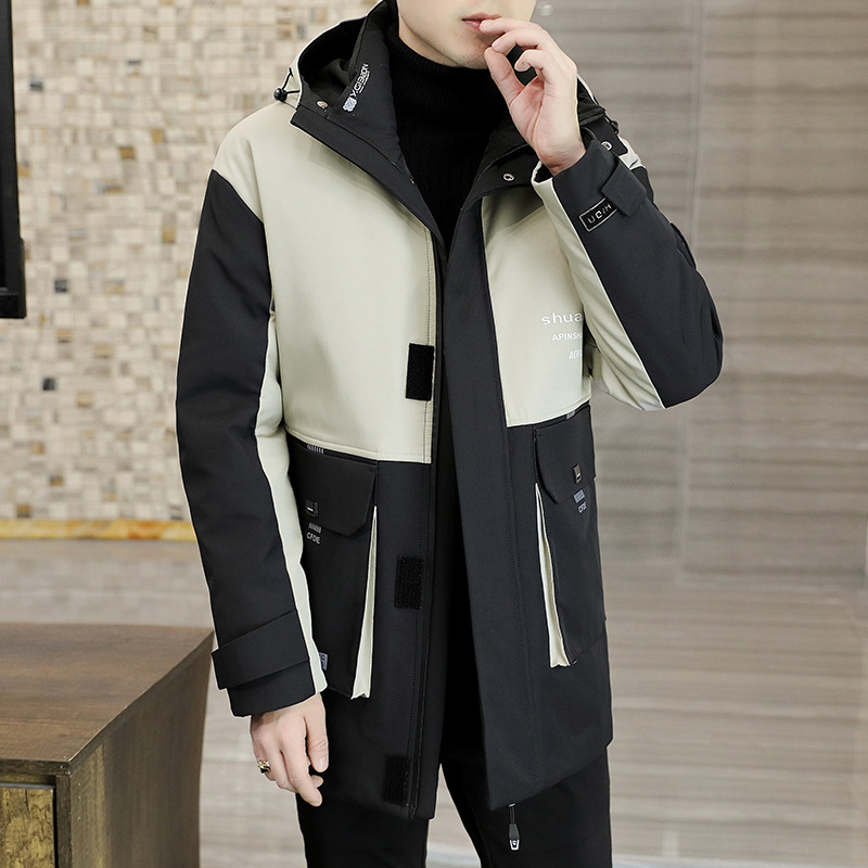 外套男青年连帽中长款大码男装帅气棉袄冬季棉服时尚潮流拼接加厚