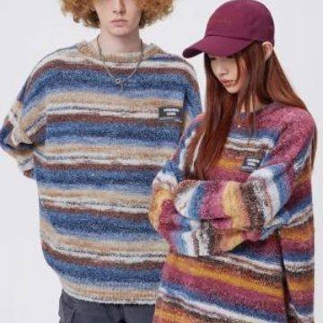 秋冬潮牌复古彩虹渐变撞色条纹毛衣男女宽松慵懒设计感情侣针织衫