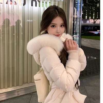 JMSHOP 雪落半岛 米色绑带90白鸭绒狐狸毛领韩女感收腰羽绒服