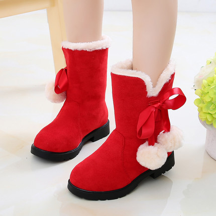 女童靴子2023冬季新款加绒加厚儿童雪地靴红色黑色女孩棉靴中筒靴