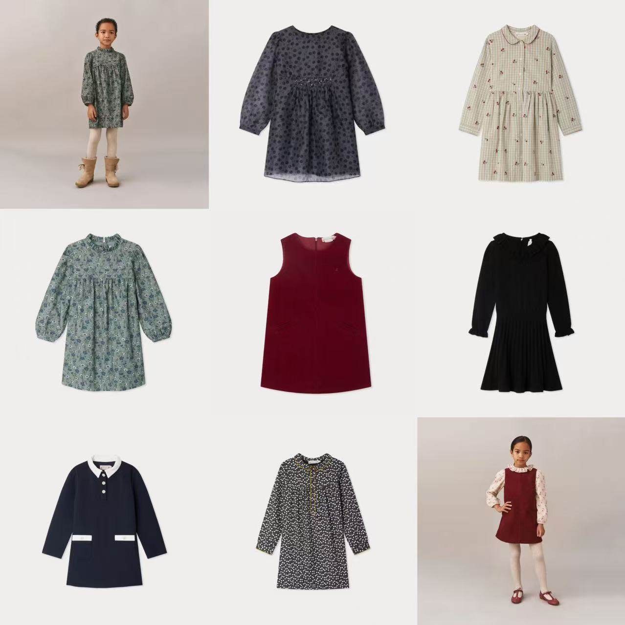 bonpoint长袖连衣裙格子碎花长裙