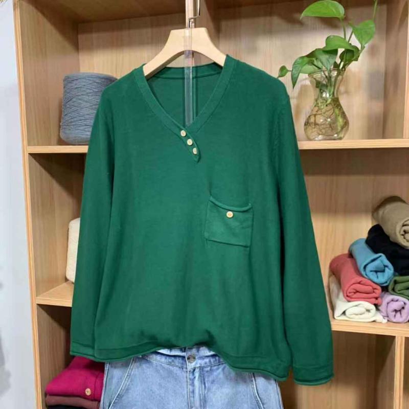 春款纯棉线毛衫针织女装v领大码休闲款式原创文艺宽松净色版