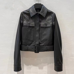 绵羊皮休闲腰带高端短夹克 真皮皮衣女外套2024秋新款 大牌同款 修身