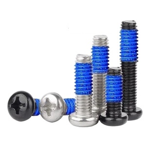 点胶螺丝铁黑色PM十字圆头机牙螺钉涂蓝胶防滑M2M2.5M3M6防松螺丝