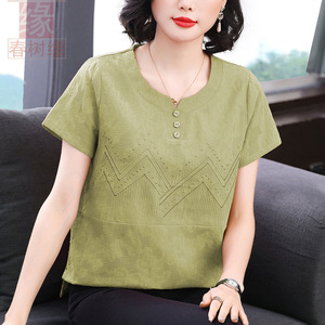中年妈妈短袖T恤女百搭2026年夏季新款洋气棉麻刺绣纯色小衫上衣