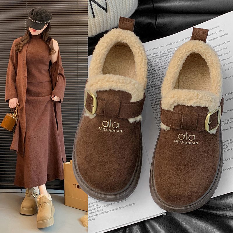 厚底加绒勃肯鞋女2025新款冬季一脚蹬乐福鞋子低帮雪地靴保暖棉鞋