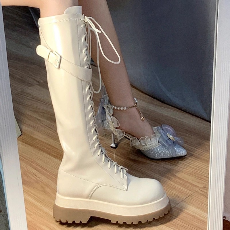 白色高筒骑士靴女2025新款春秋季长筒靴厚底马丁不过膝长靴