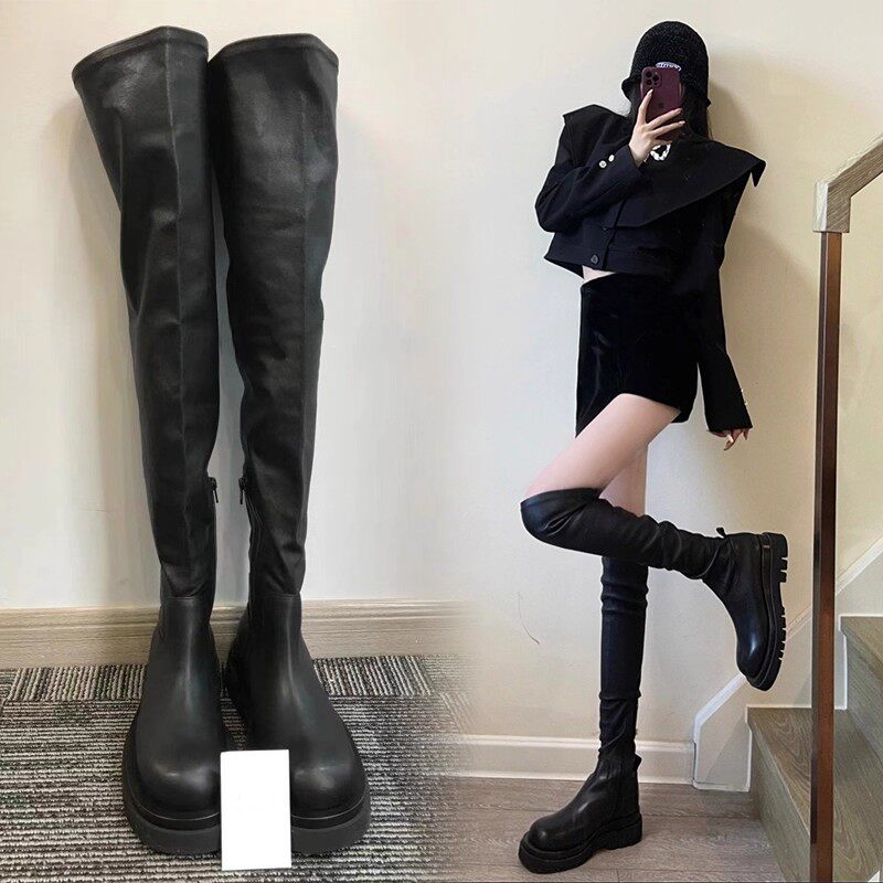 mona同款过膝靴女秋冬新款时尚厚底松糕拉链长靴显瘦弹力靴瘦瘦靴