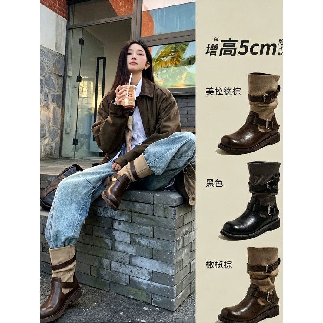 显瘦复古秋冬骑士靴女2026新款皮带扣英伦风中筒靴百搭圆头堆堆靴