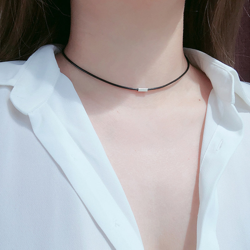 choker项圈黑色锁骨链项链女纯银简约日韩国脖子饰品方块颈链颈带