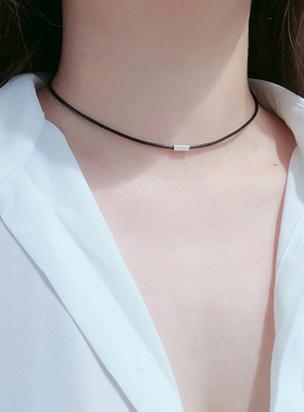 choker项圈黑色锁骨链项链女纯银简约日韩国脖子饰品方块颈链颈带