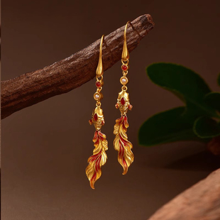 古法黄金色烧蓝荣华锦鲤耳环寓意好运富贵玄学旺财耳饰过新年耳钩