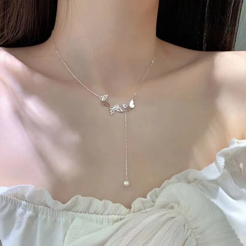 925银镂空蝴蝶珍珠女ins简约项链