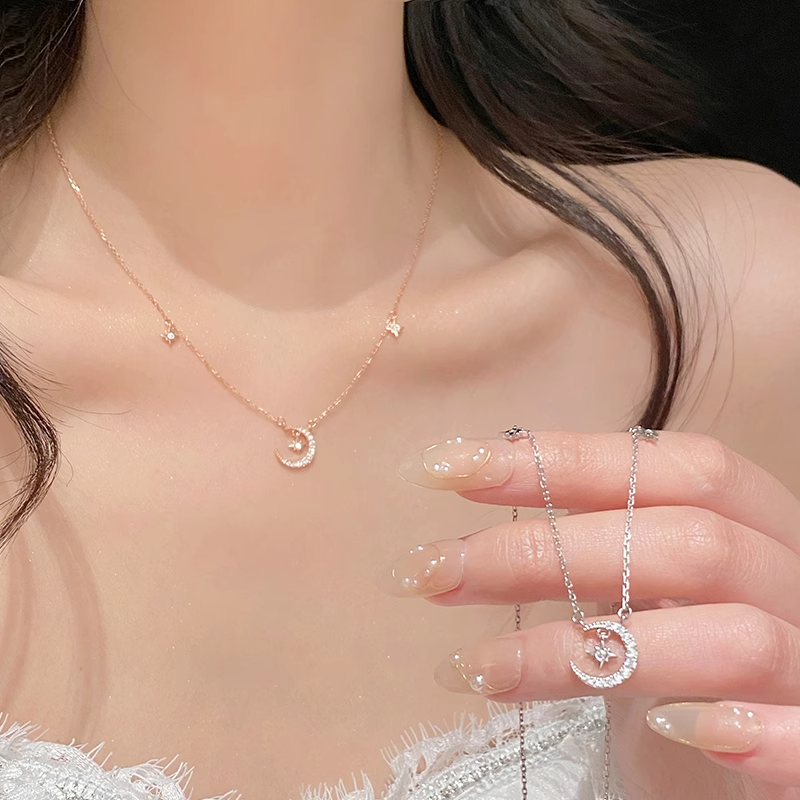 星星月亮项链手链耳钉三件套装轻奢小众配饰高级感玫瑰金耳环颈链