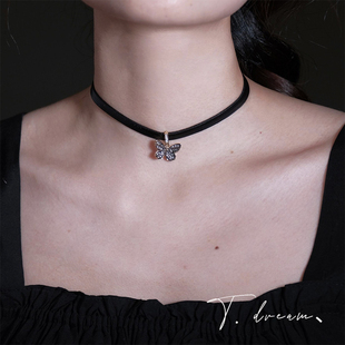 皮绳黑带闪钻蝴蝶项链choker脖颈链配饰项圈女颈带高级感小众法式