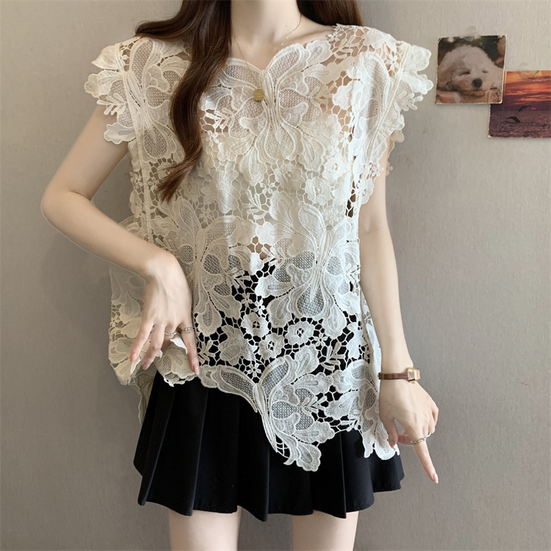 大码设计感钩花镂空蕾丝马甲背心女2026夏不规则外搭叠穿罩衫上衣