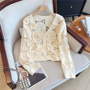 长袖 大码 女2026新款 甜美百搭花朵镂空针织开衫 设计感披肩外套 法式