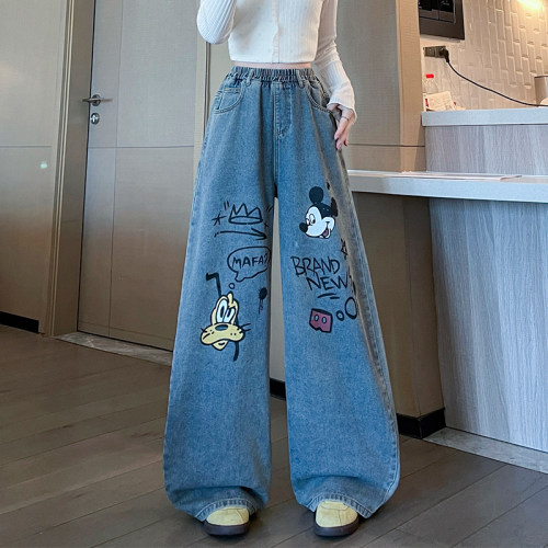 大码卡通印花减龄阔腿牛仔长裤女