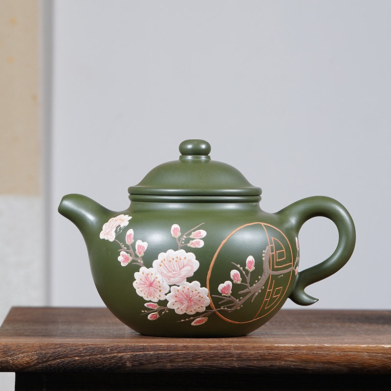 宜兴紫砂绿泥手工彩绘荷花莲子壶