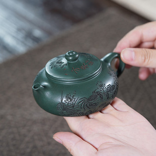 宜兴紫砂壶全纯手工正宗绿泥小容量刻绘寒江壶家用泡茶壶套装单壶